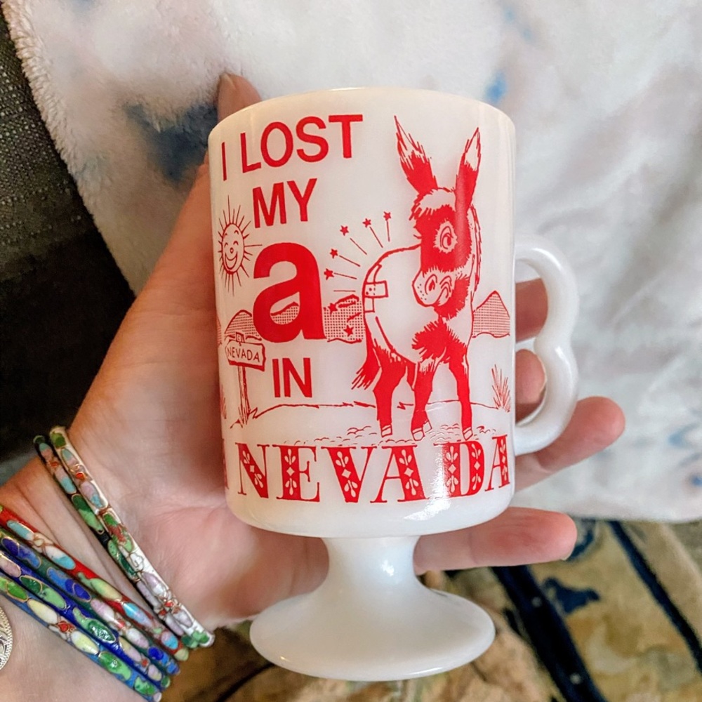 Vintage I Lost My A-- In Nevada Milk Glass Pedestal Coffee Cup Never Used New